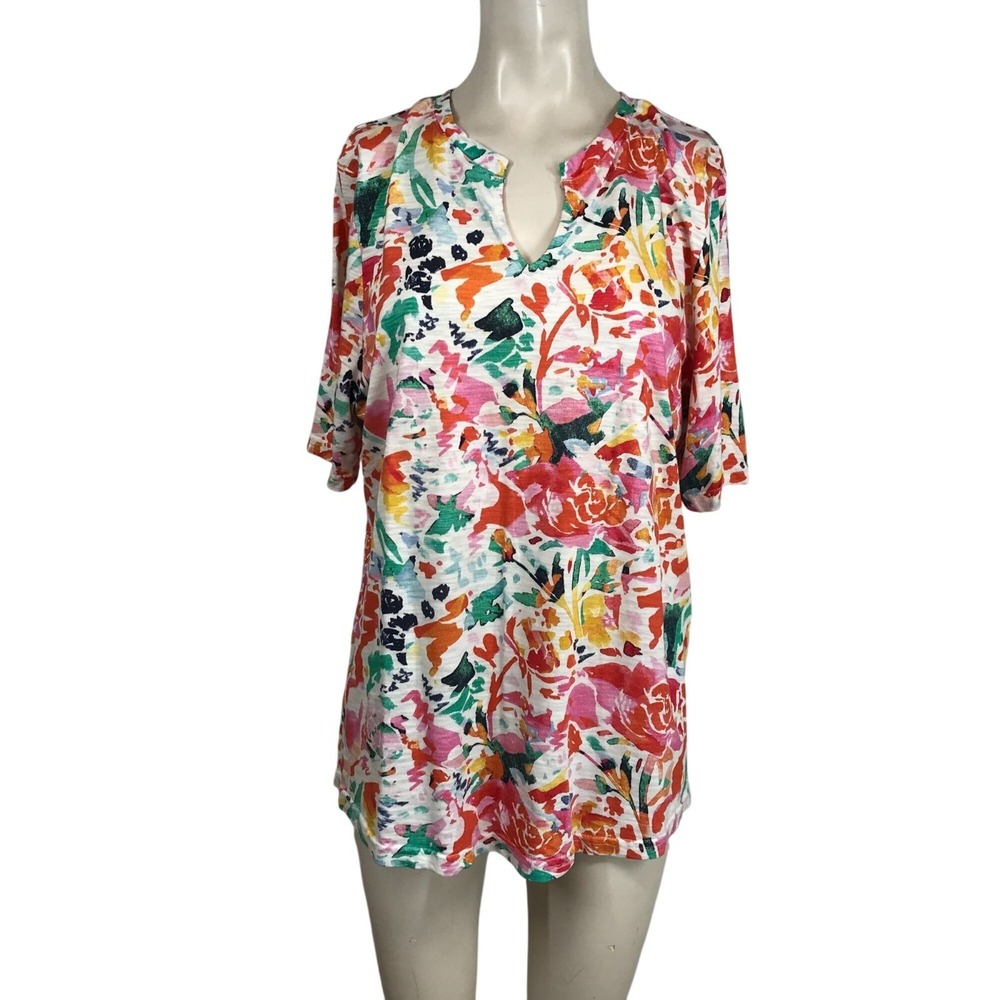 CHICO'S- WOMEN'S 2 US LARGE - WHITE FLORAL SHORT SLEEVE V NECK TOP SHIRT